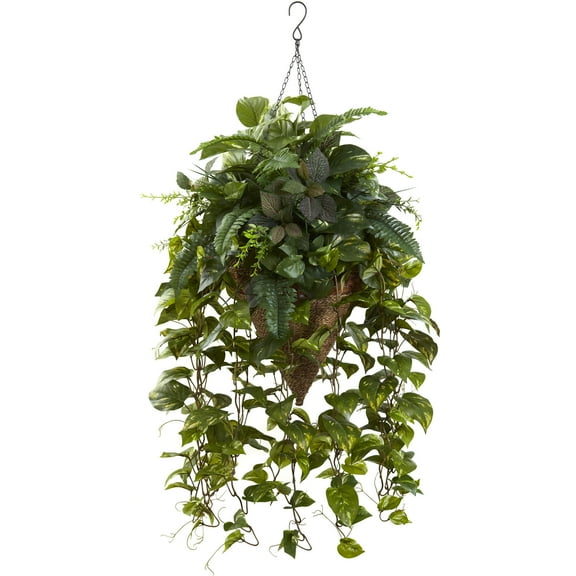 Nearly Natural Vining Mixed Greens with Cone Hanging Basket, Green