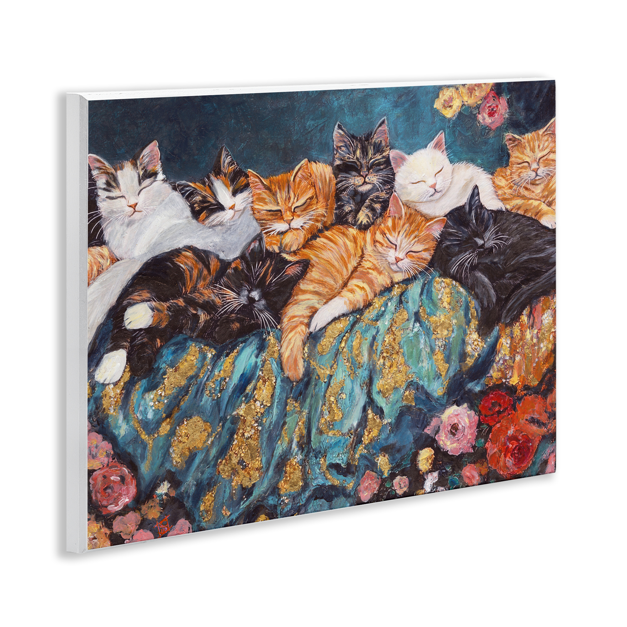 Sleepy Kitty Crowd with Flowers Wall Plaque Art, design by Sara Culpepper