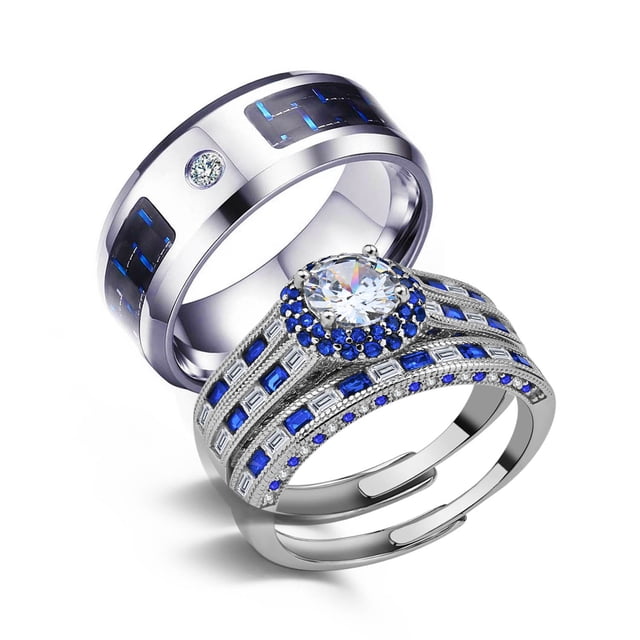 Adjustable size Wedding Ring Sets His And Hers Couples Women 925 ...