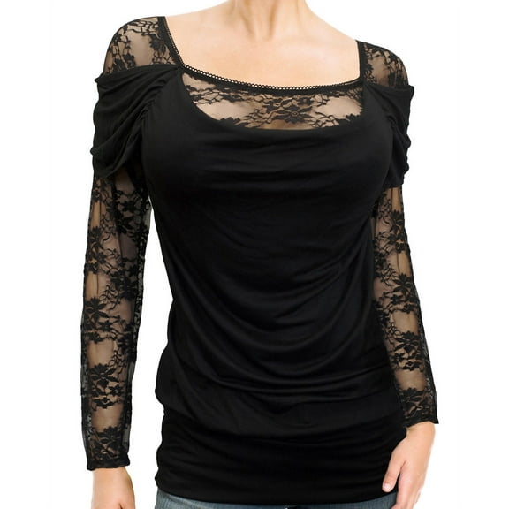 eVogues Plus size Floral Lace Sleeve Top Black