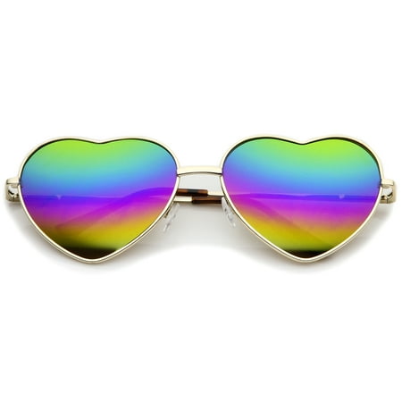 Women's Metal Frame Colored Mirror Rainbow Lens Heart Sunglasses 61mm (Gold / Rainbow Mirror)