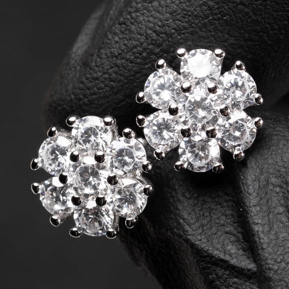 Flower Cluster Mens Women White Gold Plated 925 Sterling Silver Screw Back Post Hip Hop Round Shape Iced 5A CZ Circle Earrings