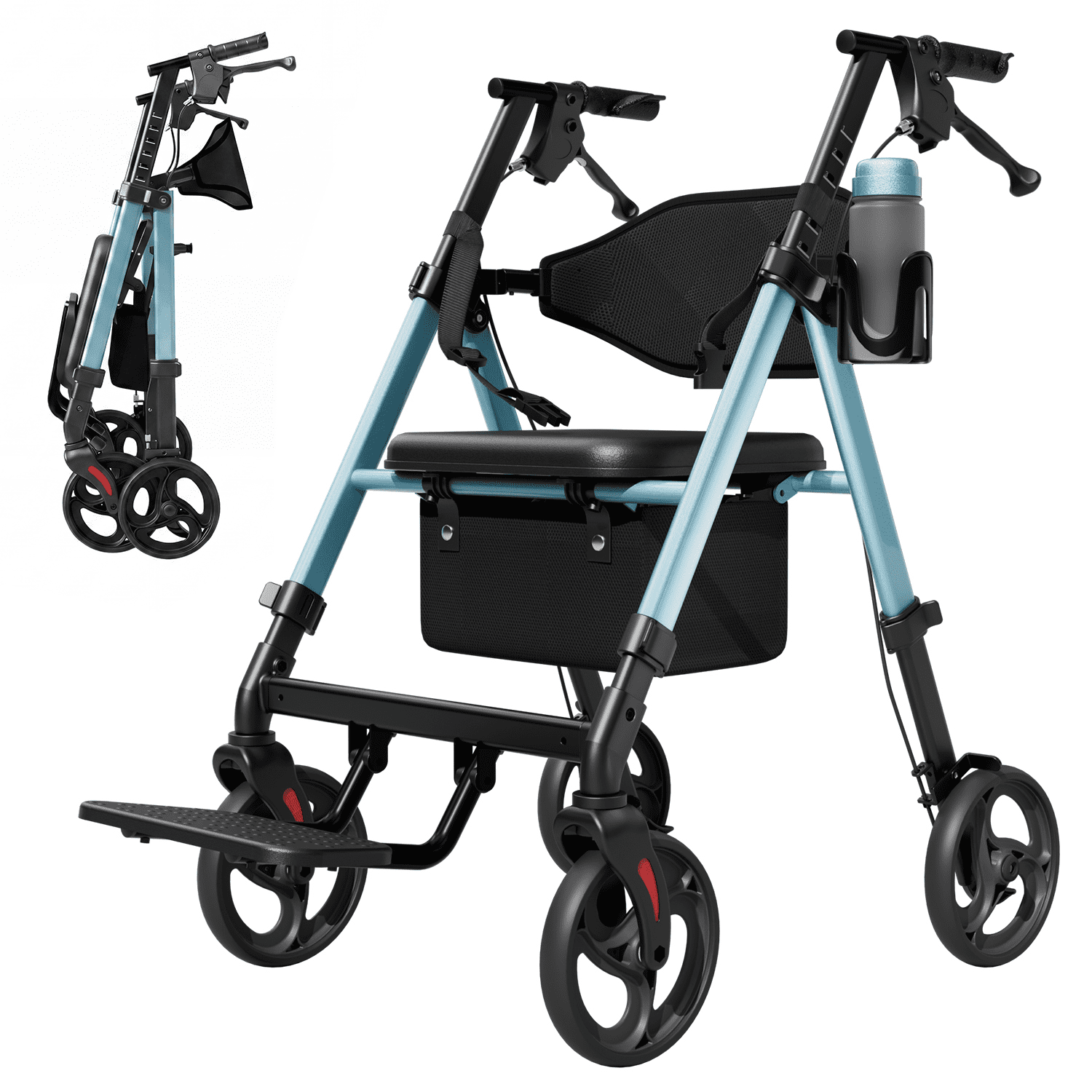 Lightweight Rollator Walkers Wheelchair Combo for Seniors with Seat, 22LBS Foldable Rollator Walker with Footrest, Widened Backrest, Portable Rolling Walkers with Cup Holder & Storage Basket, Blue