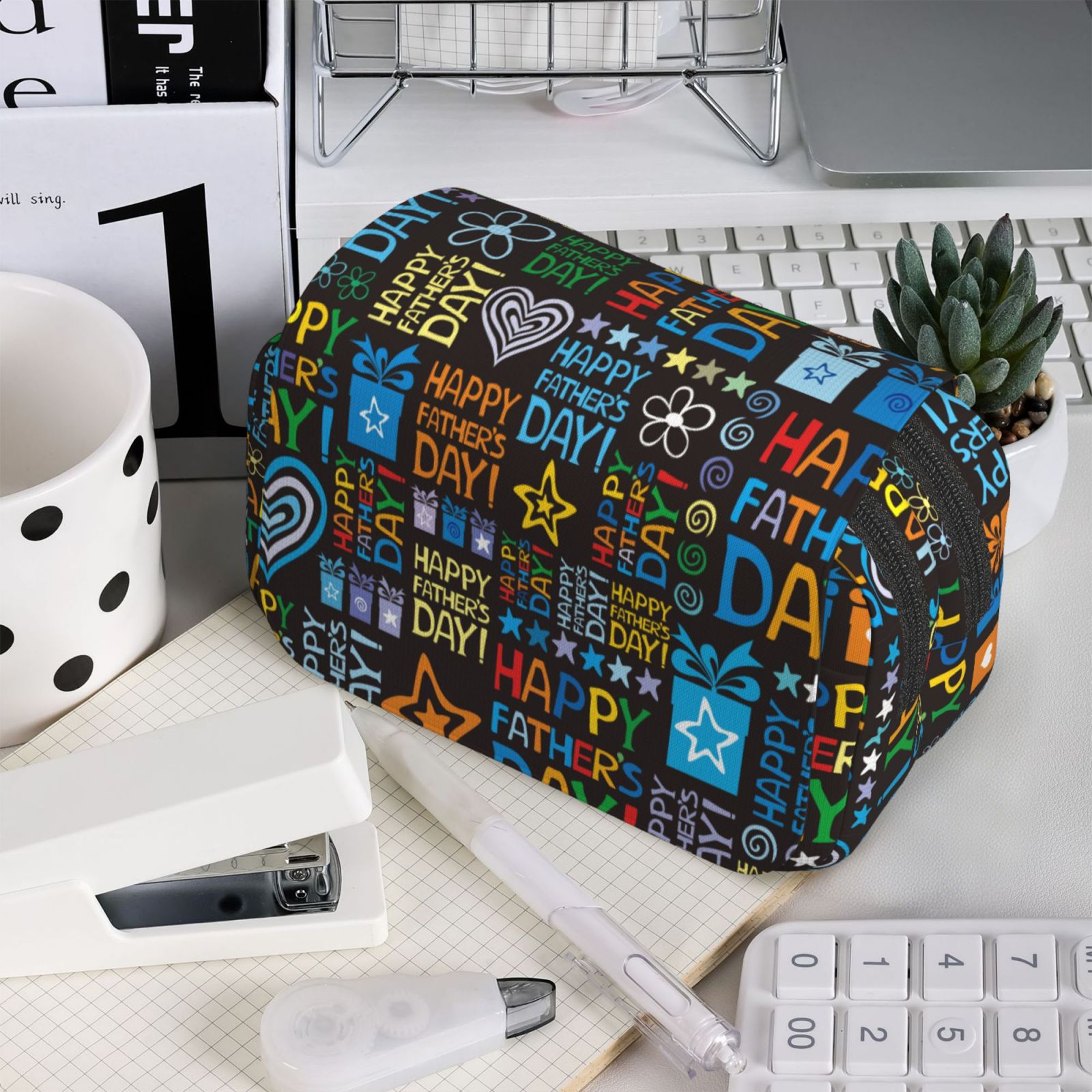 Rateoe Happy Father Day Pattern Double Clamshell Pen Case, Storage Organizer with Two Zipper Compartments– Holds Up to 50 Pencils & Pens