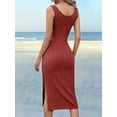 thumbnail image 5 of Womens Summer Tank Dress Casual Sleeveless Square Neck Bodycon Side Slit Midi Ribbed Sweater Dresses Orange & Red S, 5 of 9