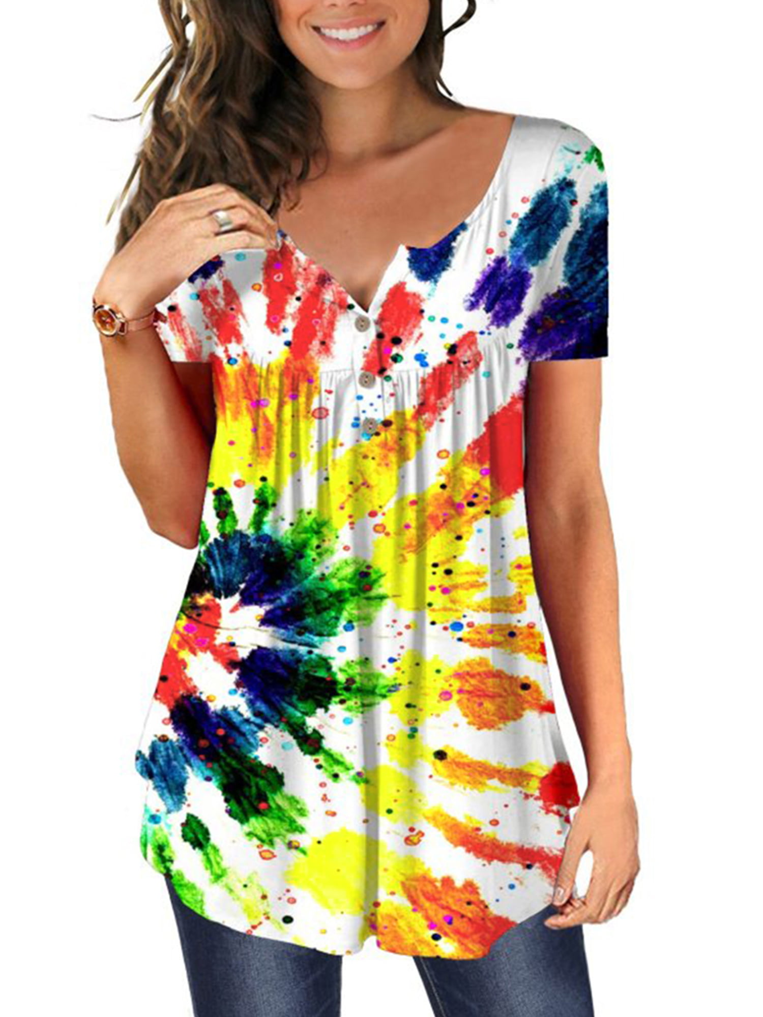 LilyLLL Womens Tie Dye Printed Short Sleeve Loose T-shirt Blouse Tops ...