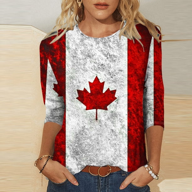 Fiudx Liquidación de Ofertas Flash Moda Mujer Canadá Impresión Cuello Redondo Manga 3/4 Camiseta Jersey Blusa Superior