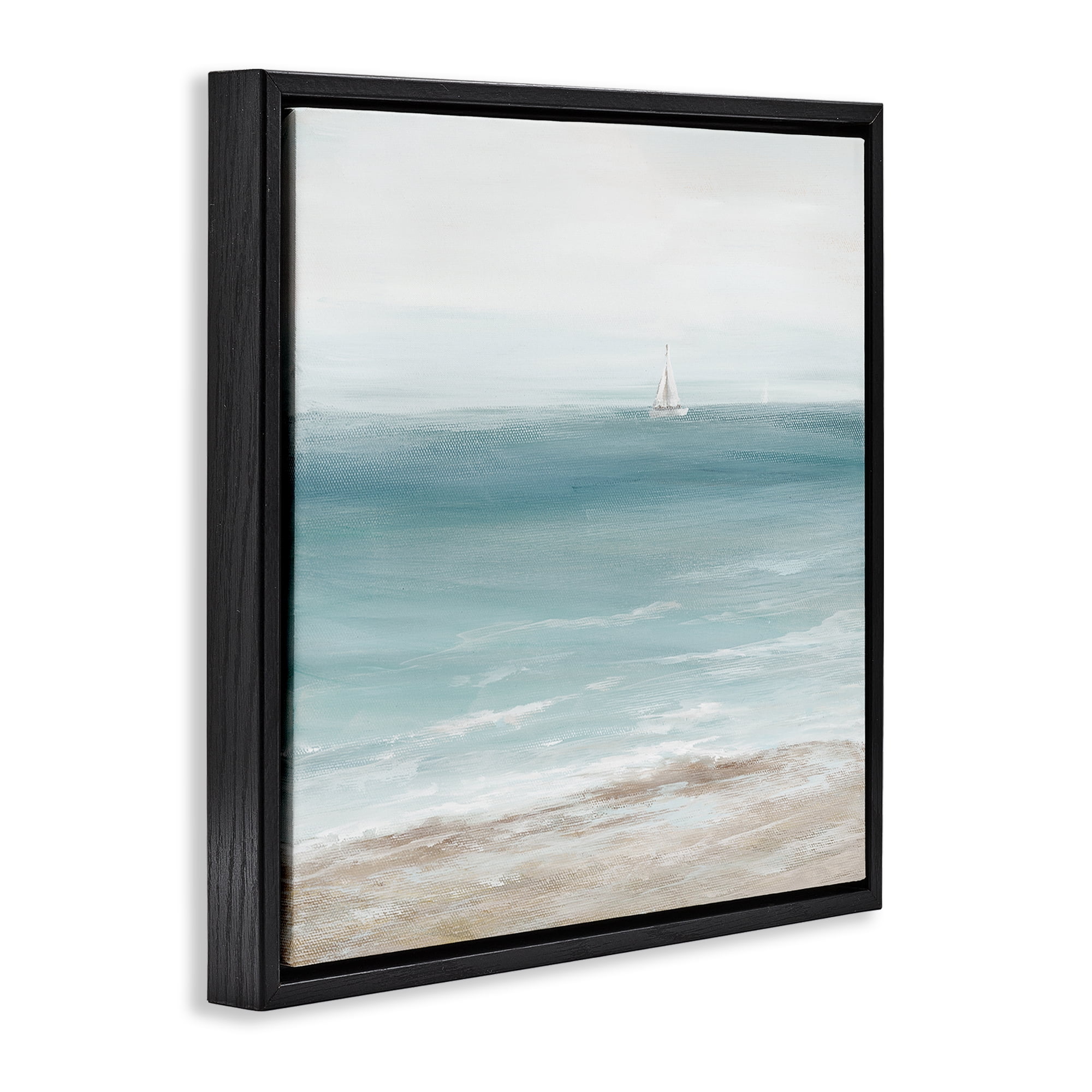 Stupell Industries Distant White Sailboat Nautical & Beach Painting Black Floater Framed Canvas Art Print Wall Art, 18 x 18