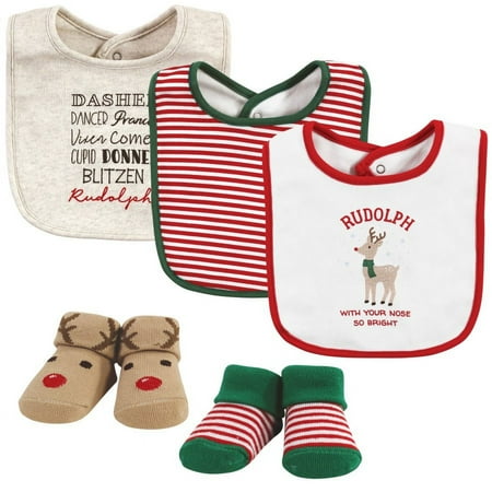 Hudson Baby Unisex Cotton Bib & Sock Set, Rudolph, One Size, 5-Piece