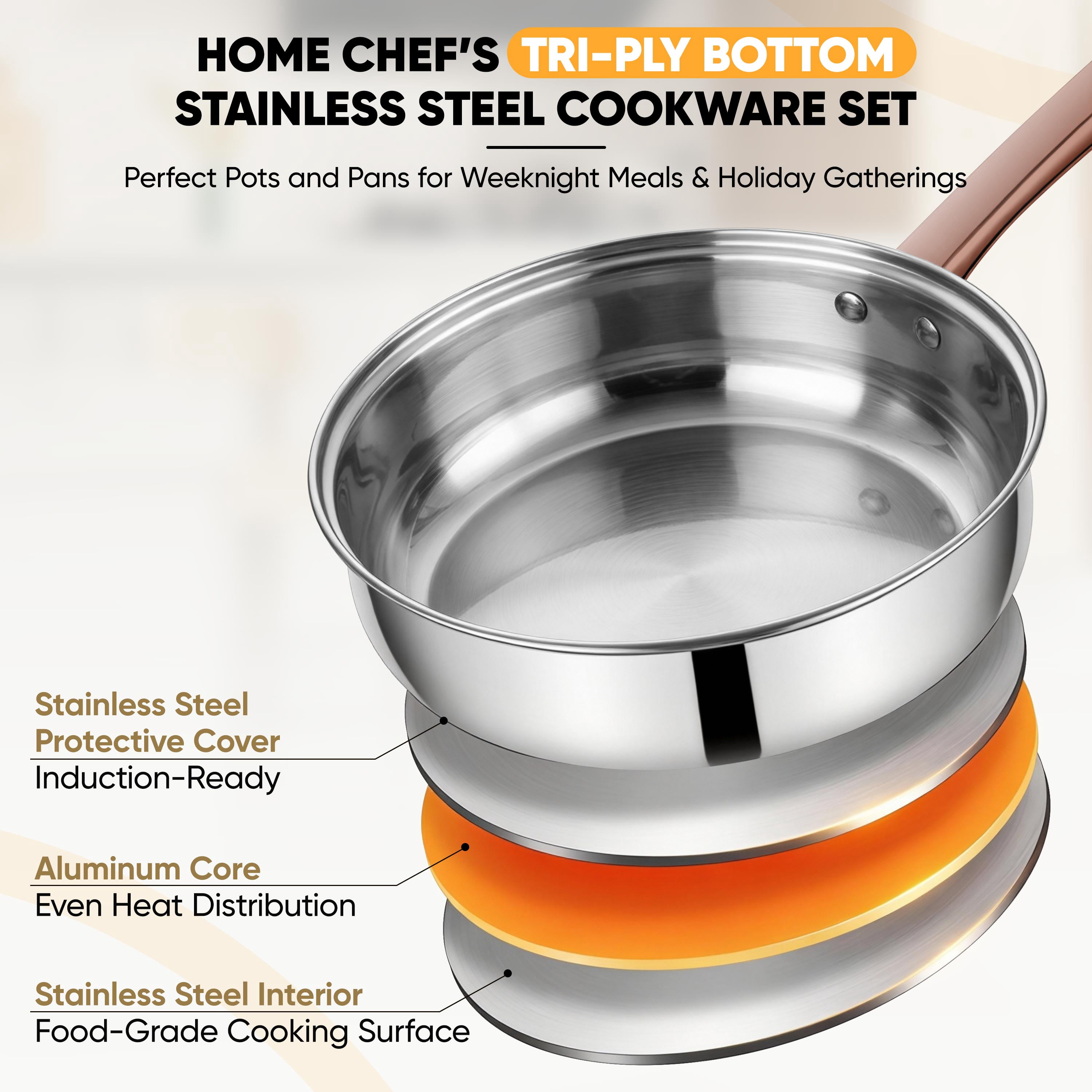Coliware 6-Piece Rose Gold Pots and Pans Set, Stainless Steel Cookware Sets with Stock Pots Saucepans Frying Pans, Non-Stick Commercial Cooking Set Compatible with All Stovetops, Dishwasher Safe