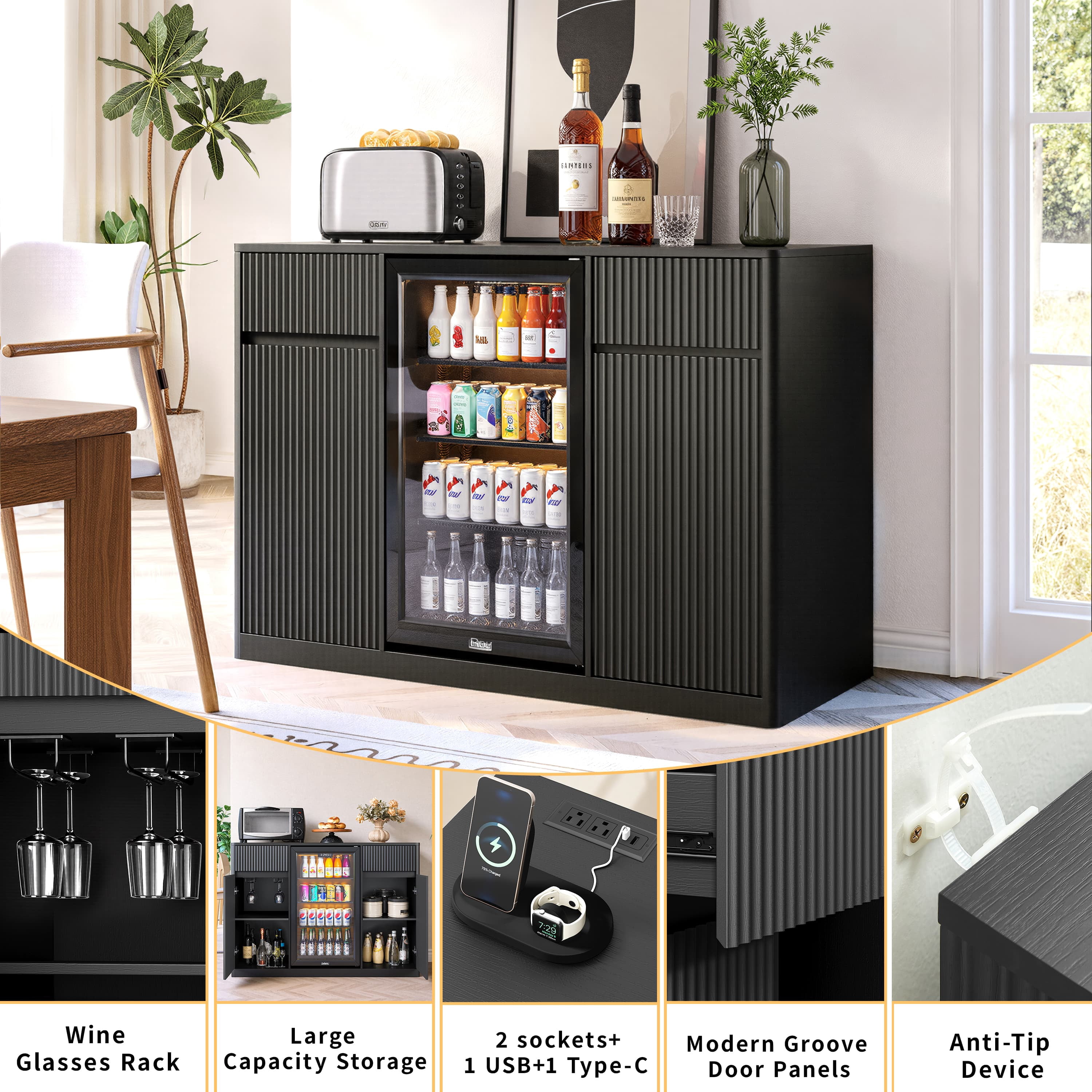 Aukfa 53.2" Modern Fluted Bar Cabinet,Wine Cabinet with Fridge Compartment, Power Outlets & Wine Storage for Kitchen Dining Room,Black