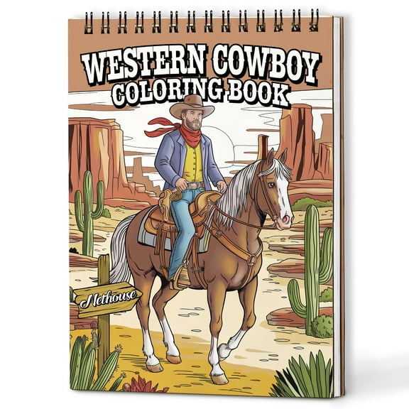 NETHOUSE Western Cowboy Spiral Coloring Book for Adults Relaxation & Stress Relief, A5 Wooden Cover, 30 Stunning Coloring Pages of Cowboy, Horses, Desert Landscapes and Rustic Western Scenes
