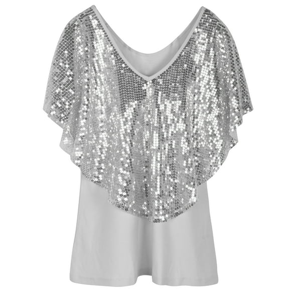 PrettyGuide Women's Tunic Tops Sequin Overlay Cold Shoulder Glitter Cocktail Party Blouse Top, X-Large