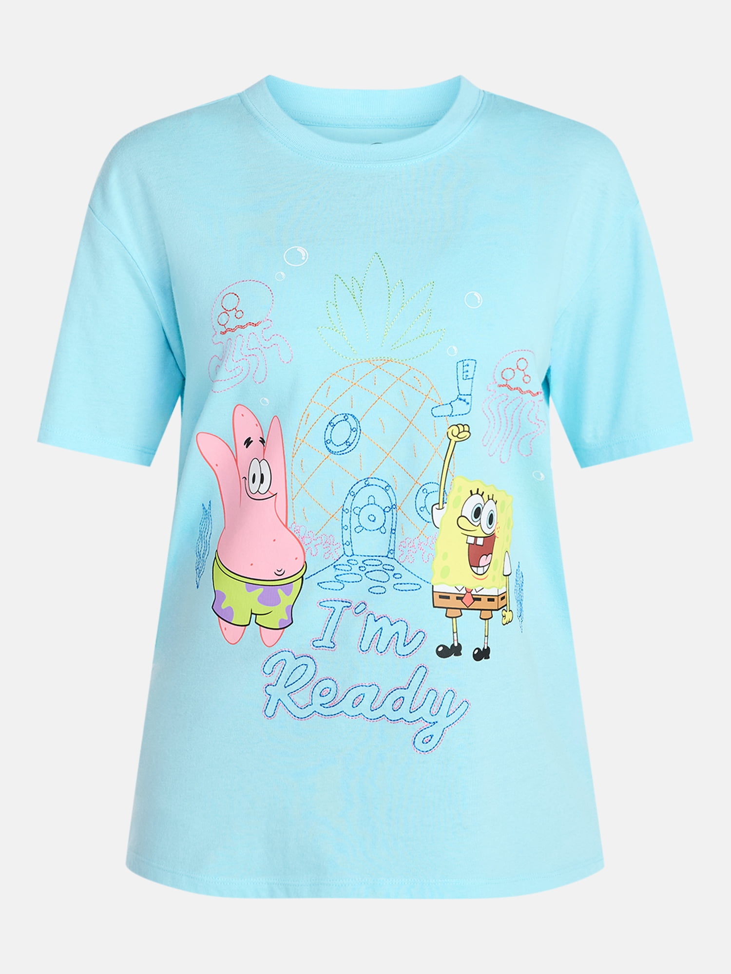 SpongeBob SquarePants Women's Embroidered Graphic Tee with Short Sleeves, Sizes XXS-XXL
