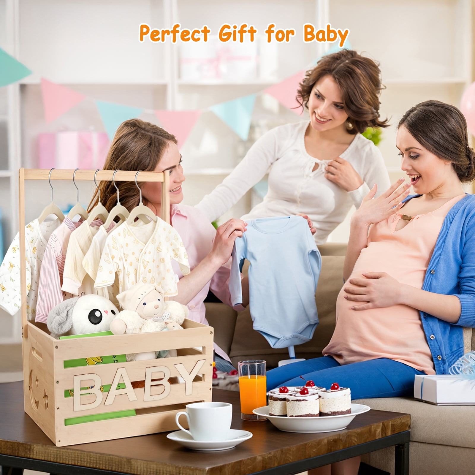Larger Size-Baby Shower Crate Closet, Wooden Baby Shower Baskets with Handle, Personalized Wood Crate for New Baby Gift