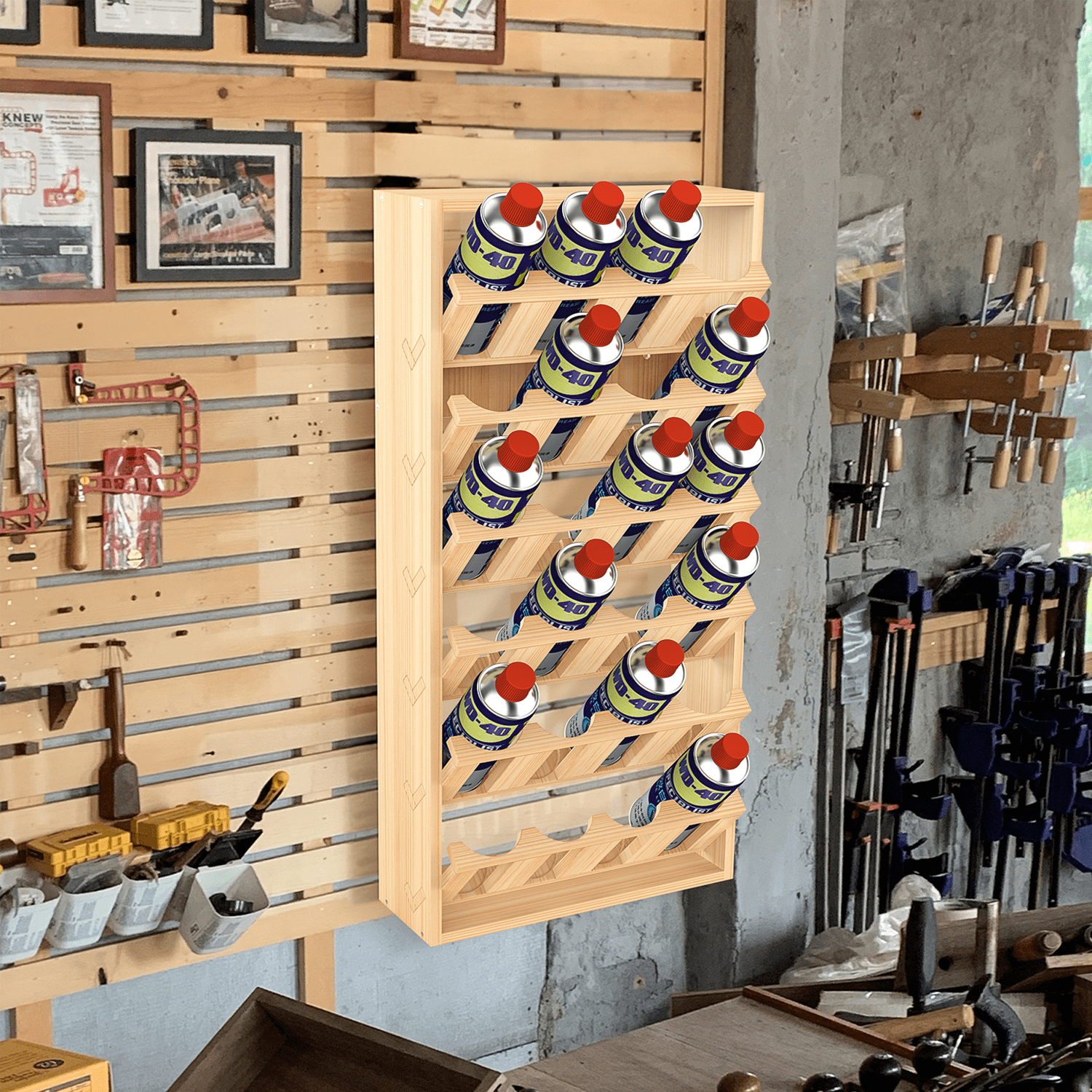 IAJXWI Spray Paint Storage, 24 Slots Aerosol Spray Can Shelf, Wooden Lube Can Storage Rack, Spray Paint Holder