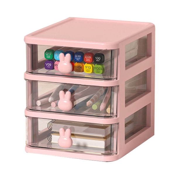 Apuakthei Caja de almacenamiento de escritorio de varios niveles de plástico transparente de gran capacidad con asa de conejo, organizador de cajones pequeño para libros, bolígrafos, oficina, rosa, 3
