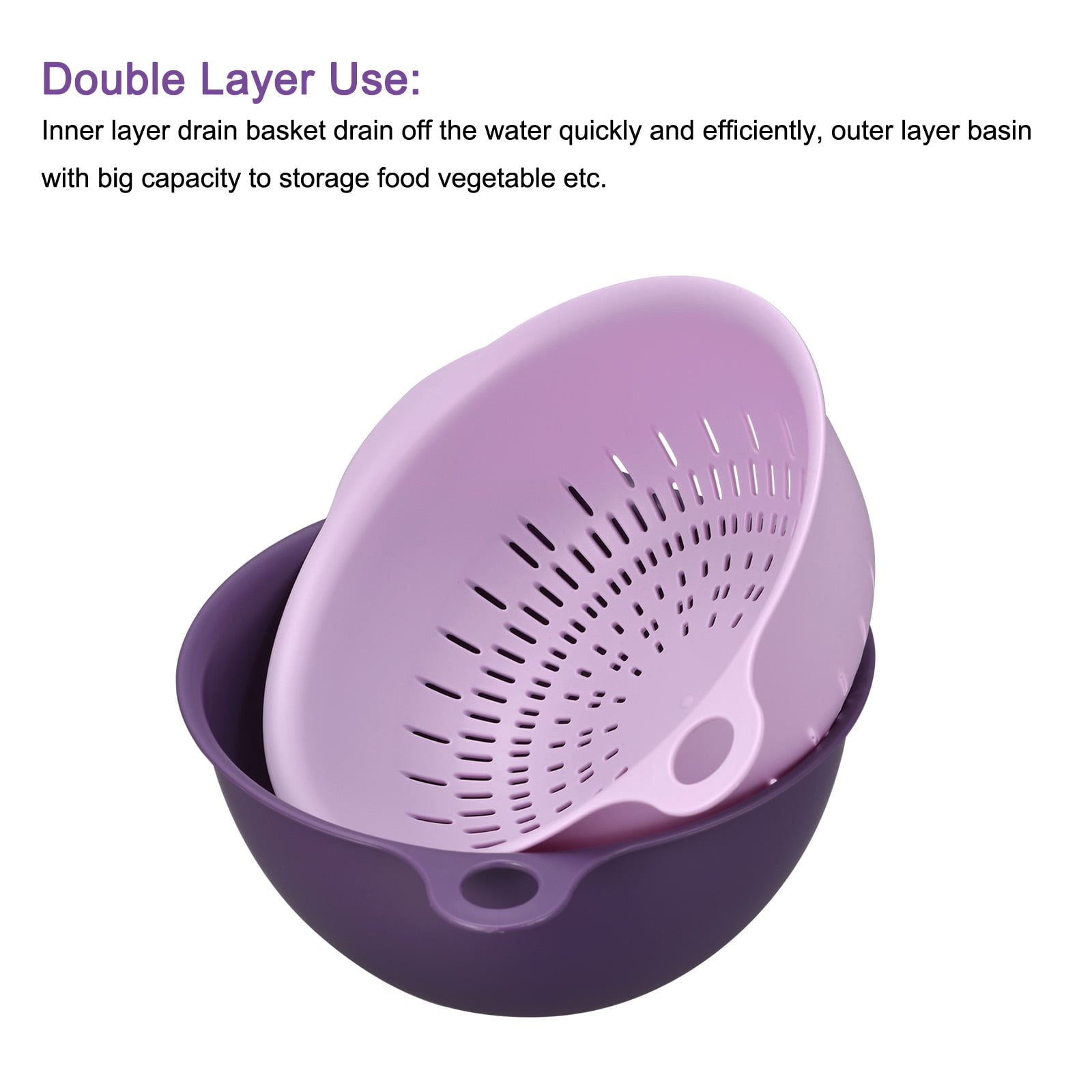 Unique Bargains Kitchen Food Strainer Colander Bowl Set Double Layer Drain Basin Basket Purple