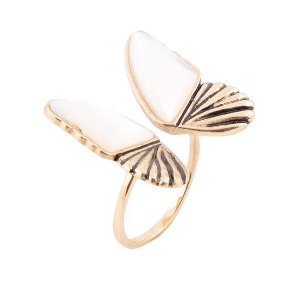 White Mother of Pearl Golden Butterfly Statement Ring