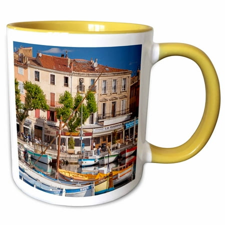 Cote Dazur Collection - 3dRose Boats in the harbor of La Ciotat, Bouches-du-Rhone, Cote dAzur, France - Two Tone Yellow Mug, 15-ounce