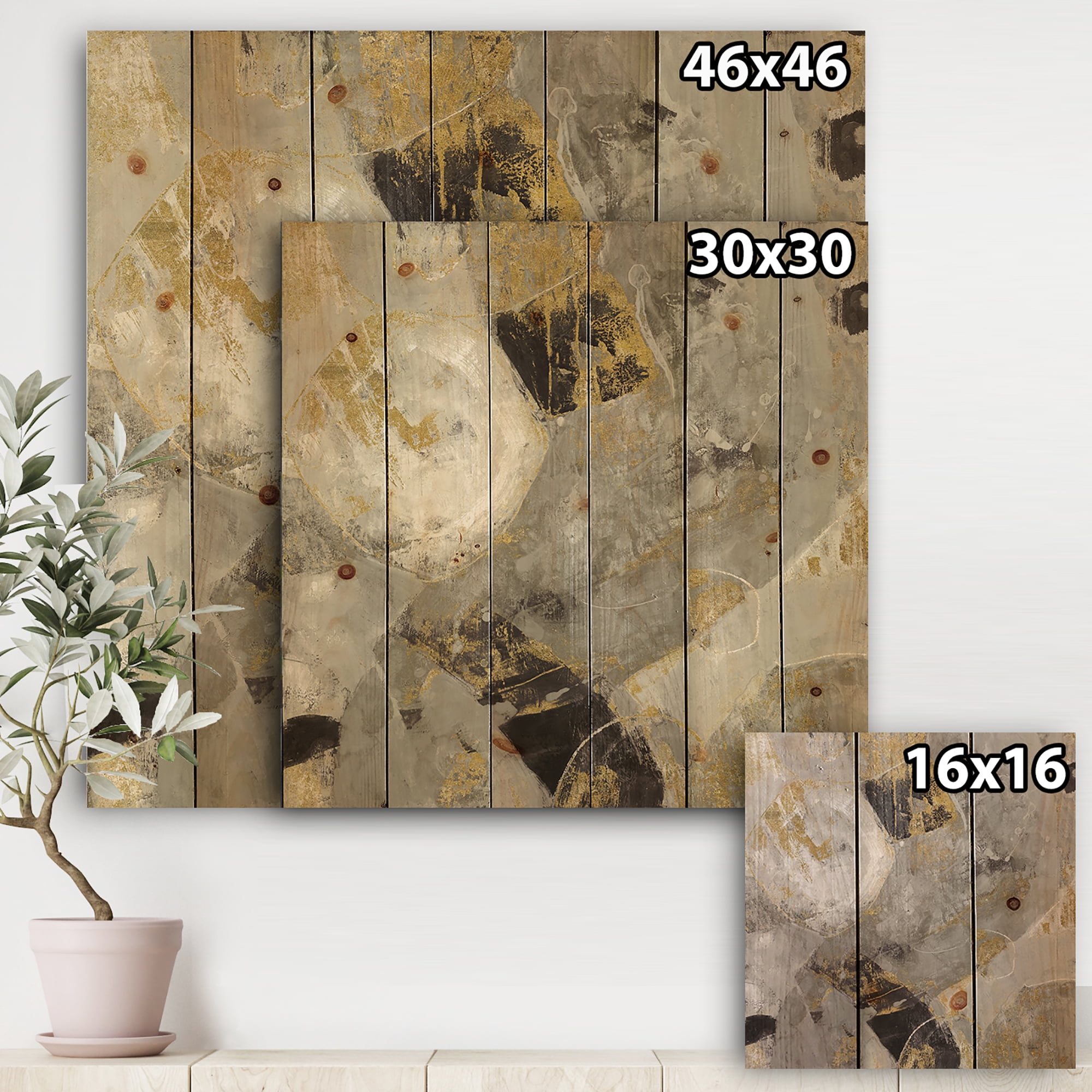 Designart 'Abstract Glam Gold Desert Neutral' Modern & Contemporary Print on Natural Pine Wood