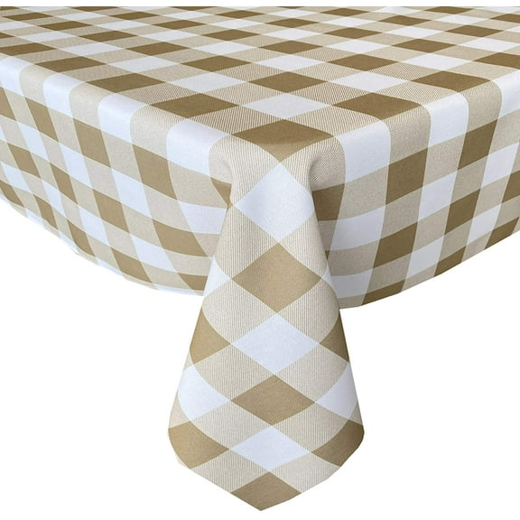 Newbridge Taupe Buffalo Cottage Check Print Fabric Tablecloth, Buffalo Plaid Wrinkle Free, Water and Stain Resistant Heavy Weight Tablecloth, 52” x 52” Square