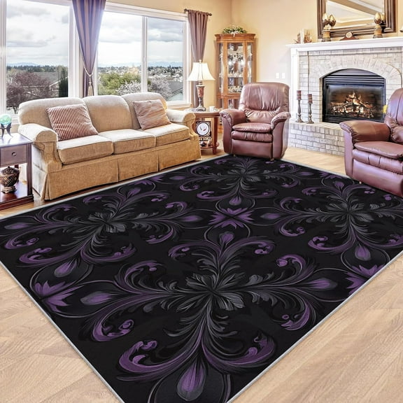 Purple Black Damask Rug, Washable Vintage Gothic Rugs For Living Room Bedroom, Antique Victorian Baroque Area Rug For Home Decor, Non Slip Backing Floor Carpet 1x2ft
