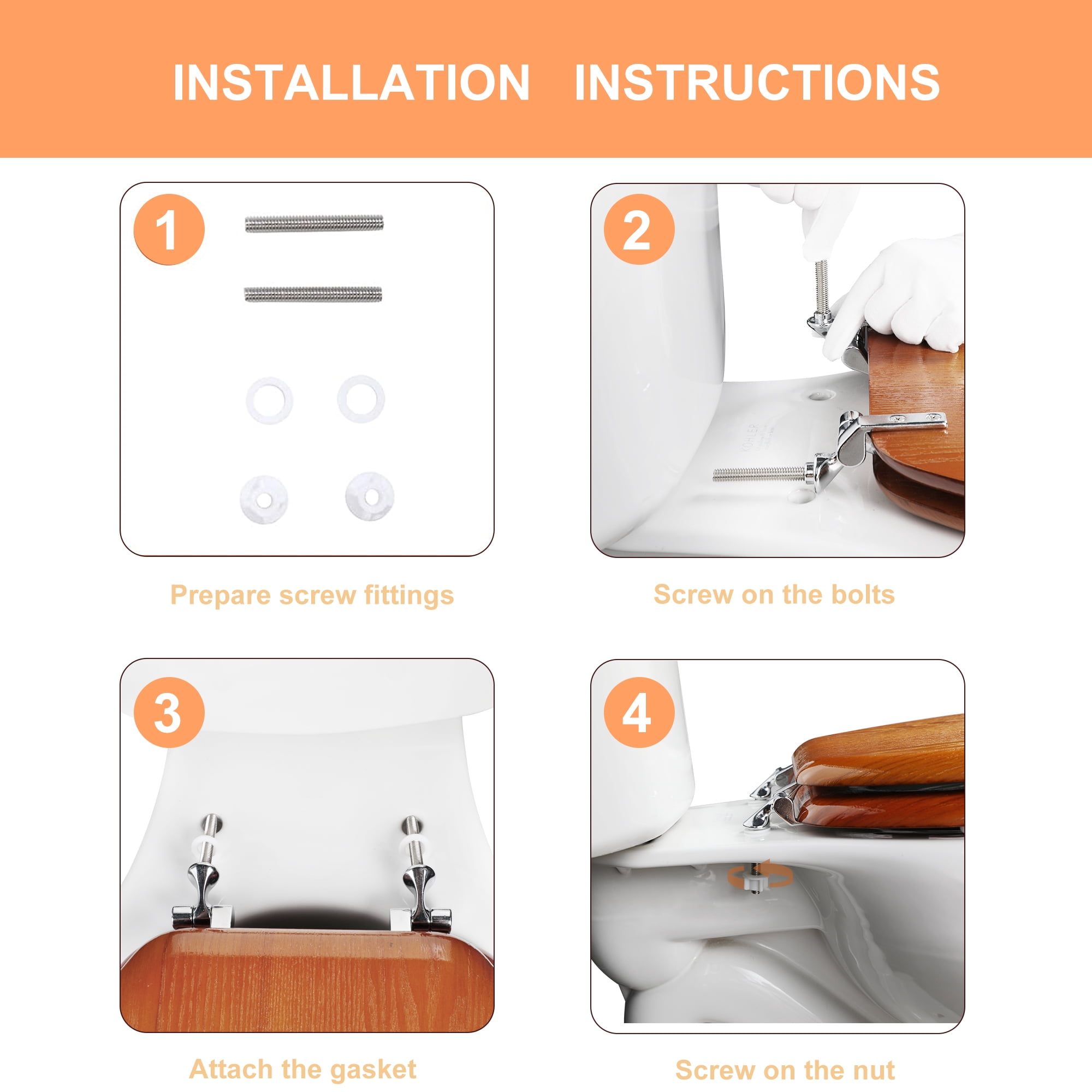 Angol Shiold Wood Elongated Toilet Seat, Easy Clean, Metal Hinges（Elongated 18.5'', Warm Brown）