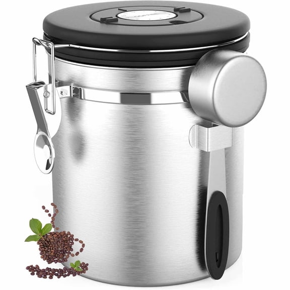 NORIZF Coffee Canister for Ground Coffee with Scoop Date Tracker One Way Co2 Valve 304 Stainless Steel Kitchen Food Airtight Storage Container for Coffee Beans,Grounds,Tea,Sugar (Silver,16Oz)