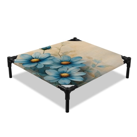 Blue Flower Elevated Dog Bed Spring Vintage Floral Plant Retro Watercolor Farmhouse Cooling Breathable Outdoor Raised Dog Cot Bed with Metal Frame Non-Slip Feet for Small Dog 20x20in