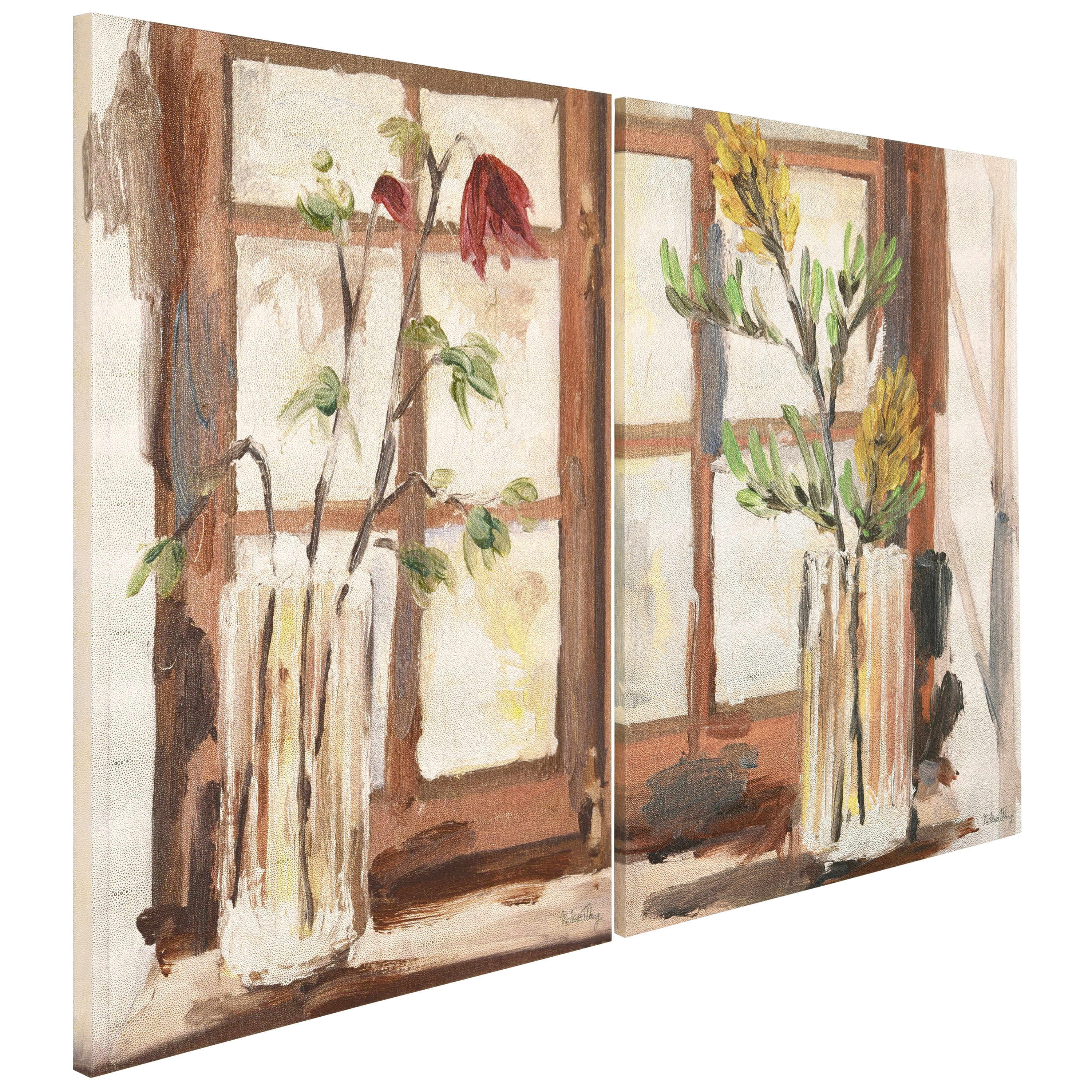 "Timeless Serenity I & II" Vase by the Window on Gold Metallic Shagreen Wrapped Canvas Wall Art Set, each sized 48"x36"