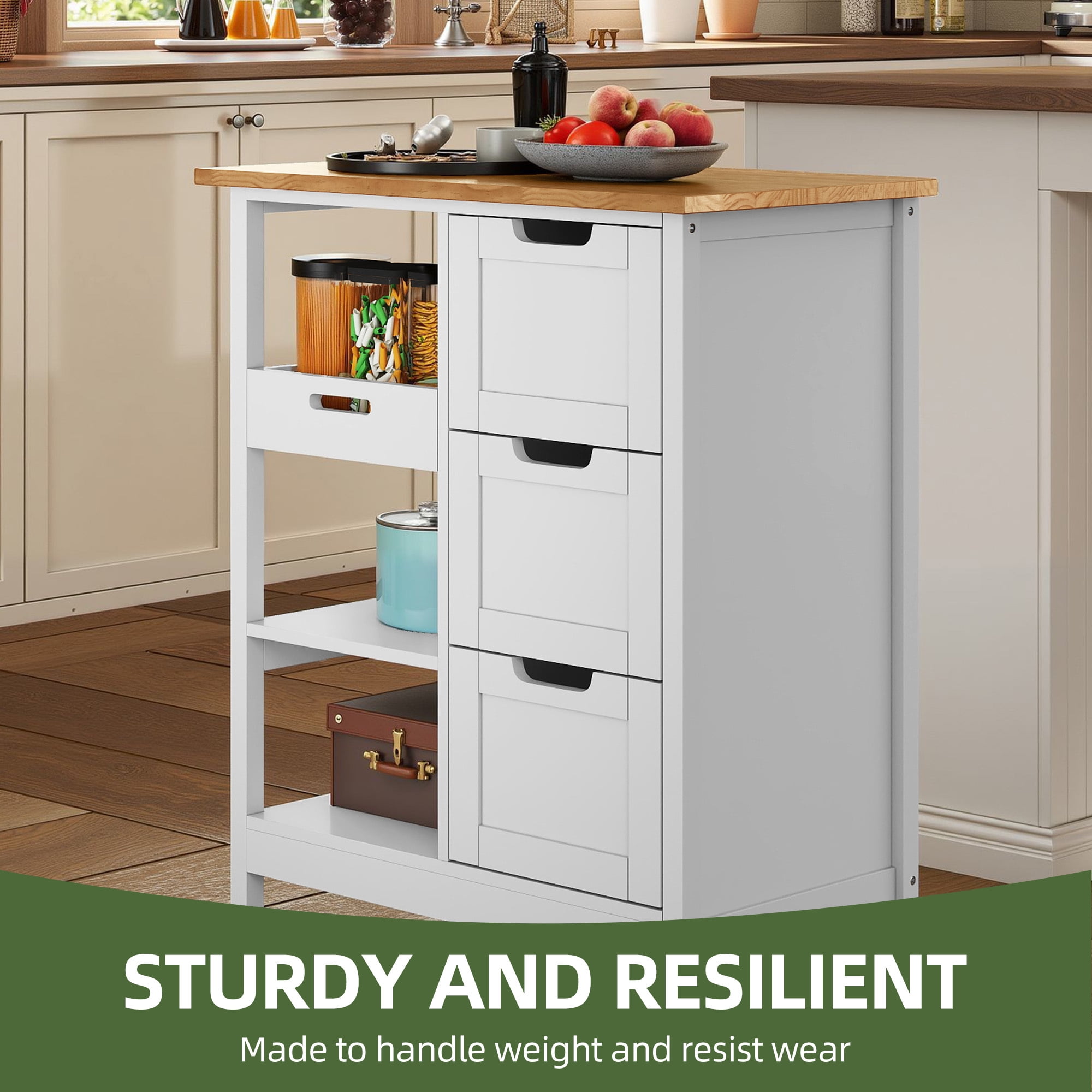 Uforic Wood Rolling Kitchen Cart, Mobile Storage Trolley with Drawers & Shelves, Solid Wood Top & Lockable Casters, White