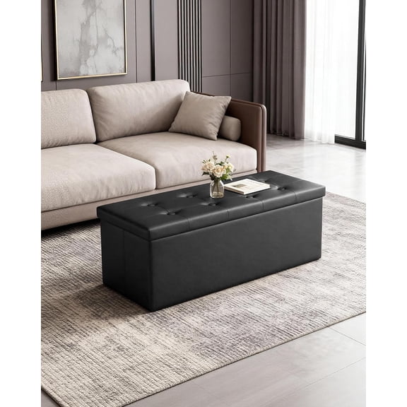 43 Inches Folding Storage Ottoman , PU Leather Storage Chest, Footrest Padded for Bedroom and Hallway, Holds to 660 lbs, Black