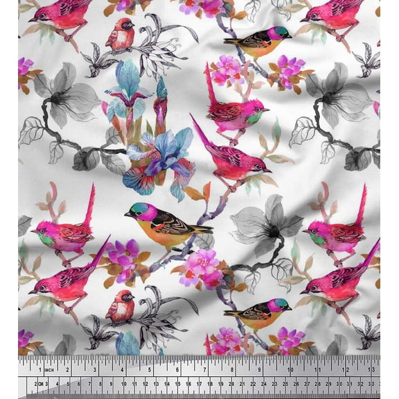Soimoi Cotton Voile Fabric Floral & Sparrow Bird Decor Fabric Printed Yard 56 Inch Wide