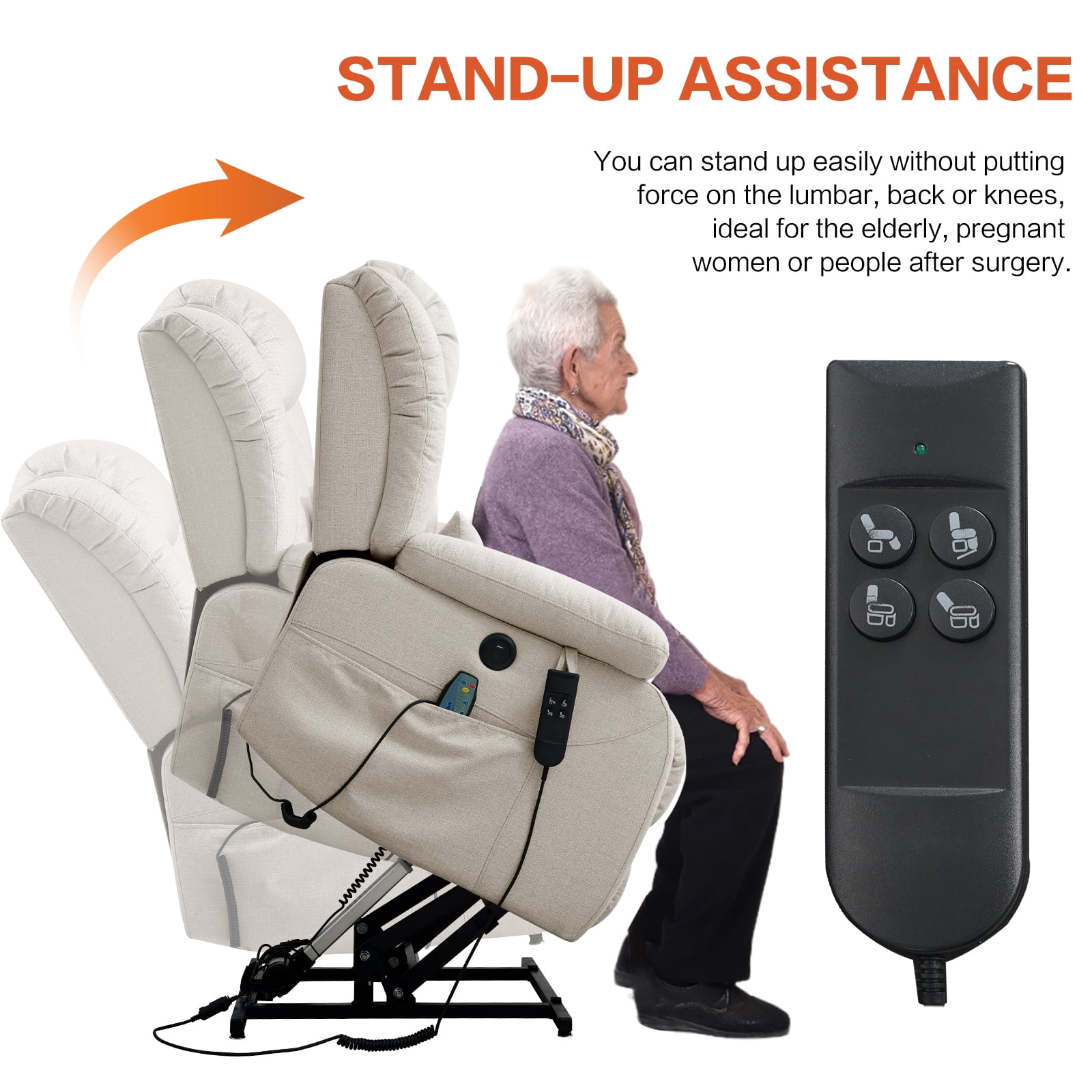 TEKAMON Infinite Position Lift Recliner Chair for Elderly with Heat and Massage Lay Flat Sleeping Power Lift Chair, Linen Fabric, Beige