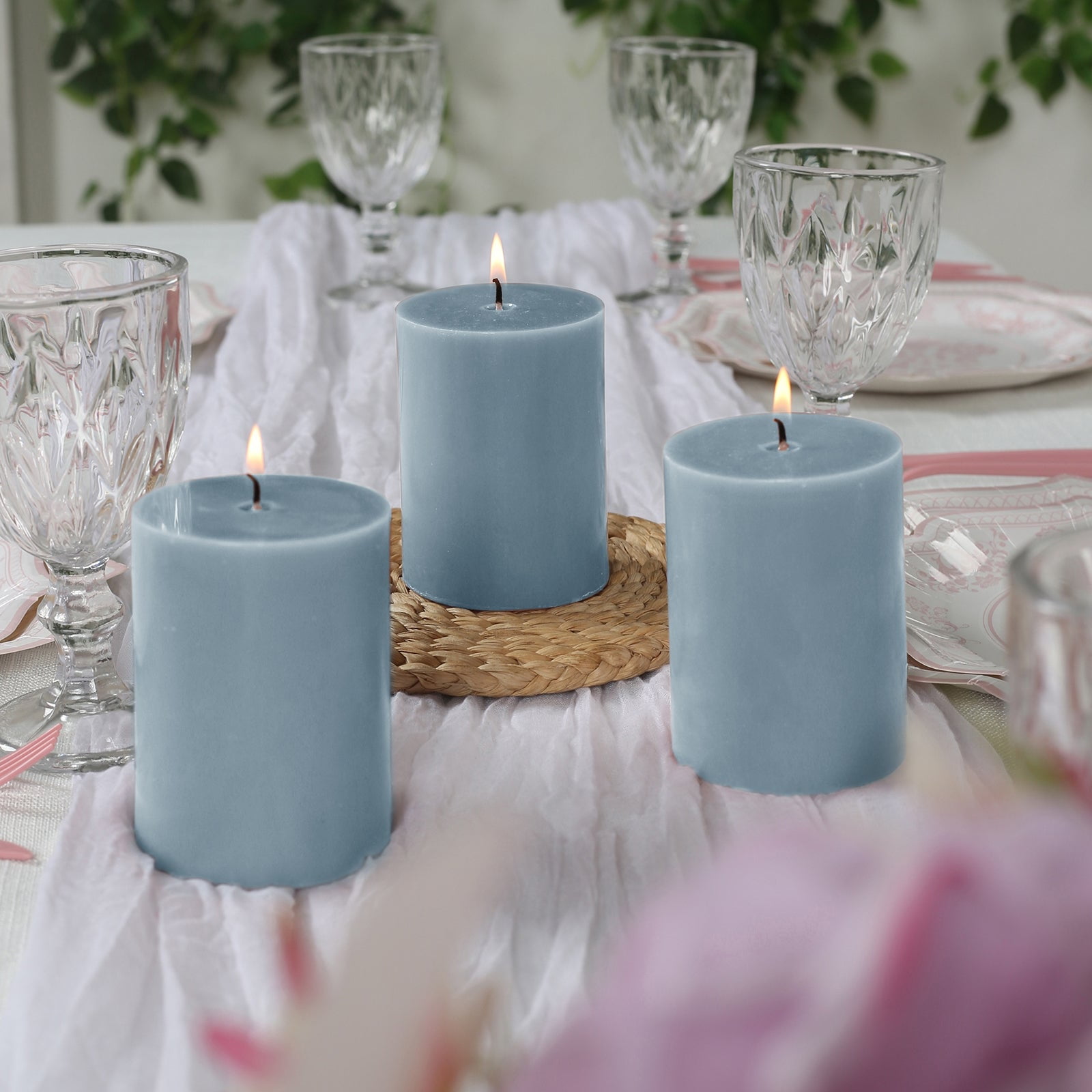 Efavormart 12-Pack Unscented Pillar Candles – Dripless 3"x4" Dusty Blue Paraffin Wax with Smokeless Cotton Wicks, Clean & Long-Lasting Burn for Weddings, Home & Event Decor