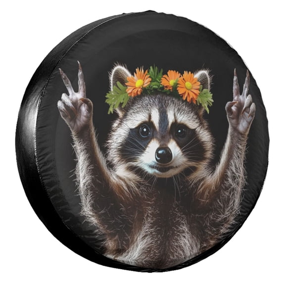 KAKALAD Funny Raccoon Peace Flower 1 Tire Cover Universal Durable Waterproof Car Vehicle Tools Accessories Buckle 14” Inch