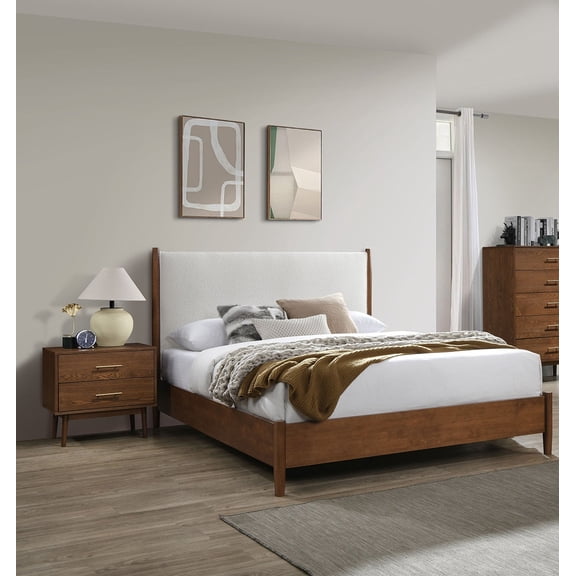 Walnut Finish 3pc Bedroom Set Queen Size Bed 2x Nightstand Nickel Bar Pulls Mid-century Modern Style Furniture