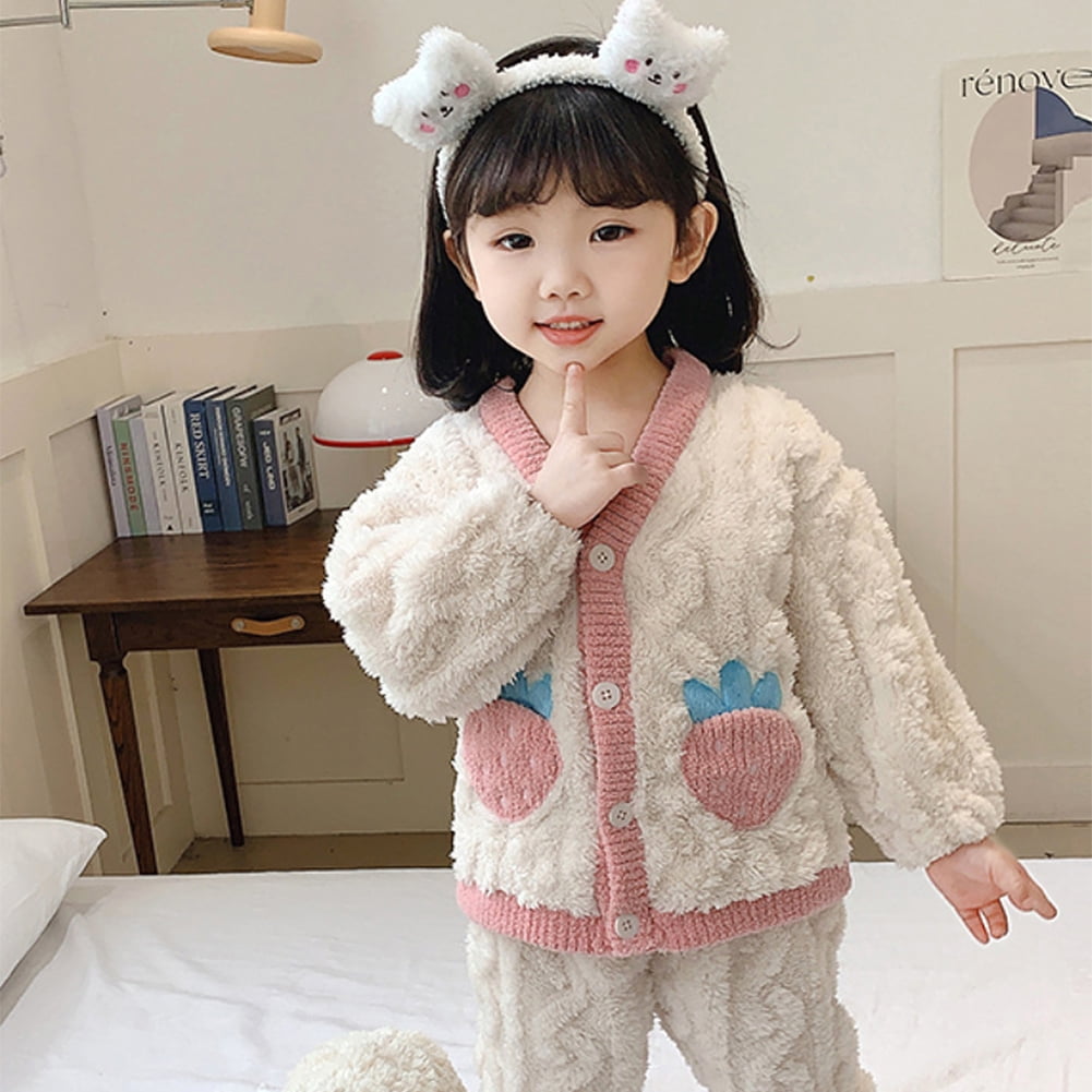 2-piece Baby Girl Embroidered Ear Design Colorblock Fuzzy Flannel Fleece Hooded Jacket and Solid Color Pants Set