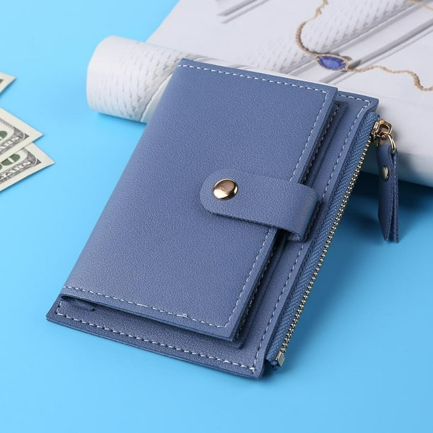 Bolsa Cartera de cuero de PU con varias ranuras de color sólido a la moda para mujer de 5 uds (azul)