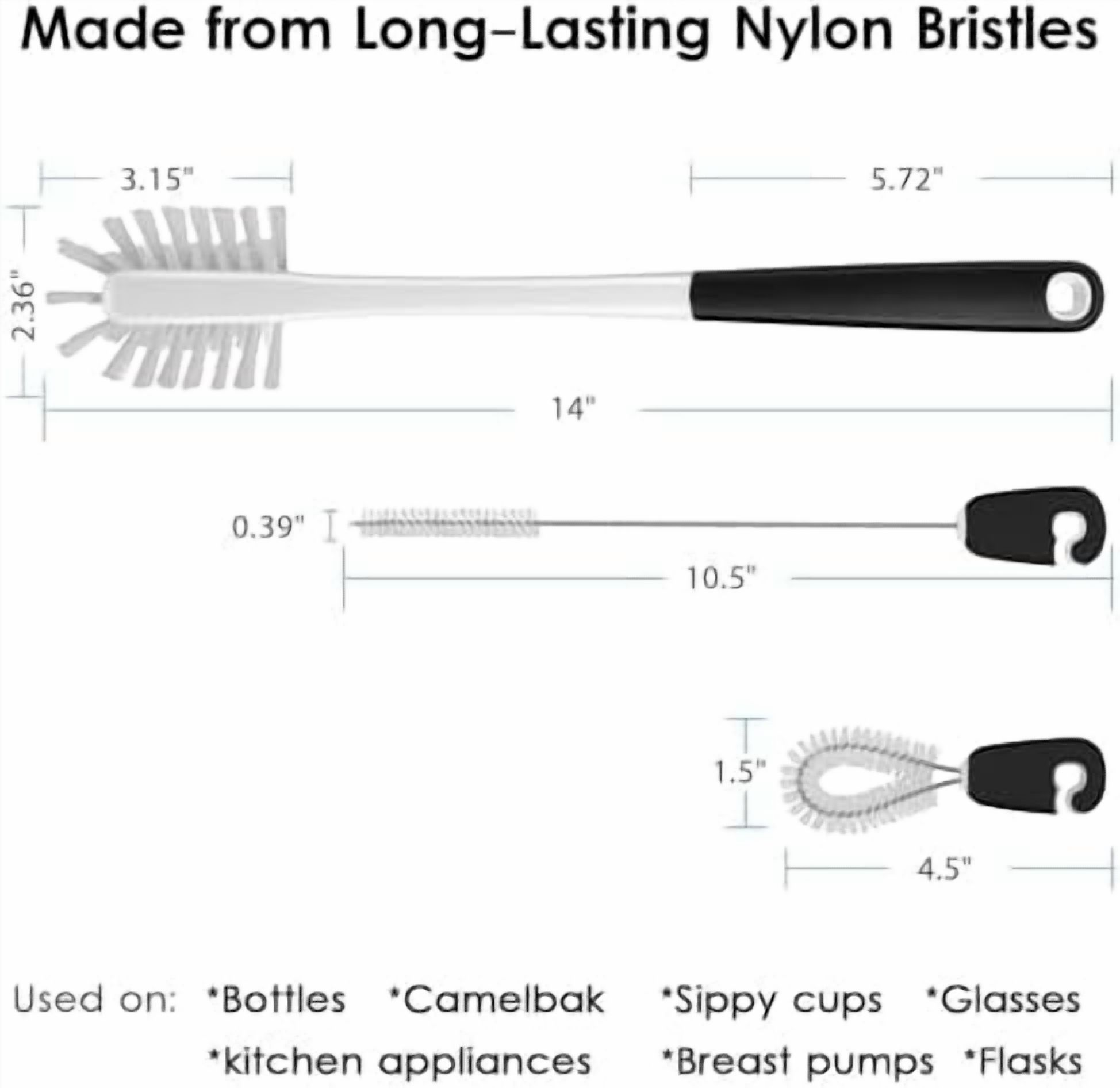 WLIKKS 3-in-1 Water Bottle Cleaning Brush Set - Long Handle Scrubbing Brush for Tumbler, Straw, Baby Bottles, Drinking Glasses, White