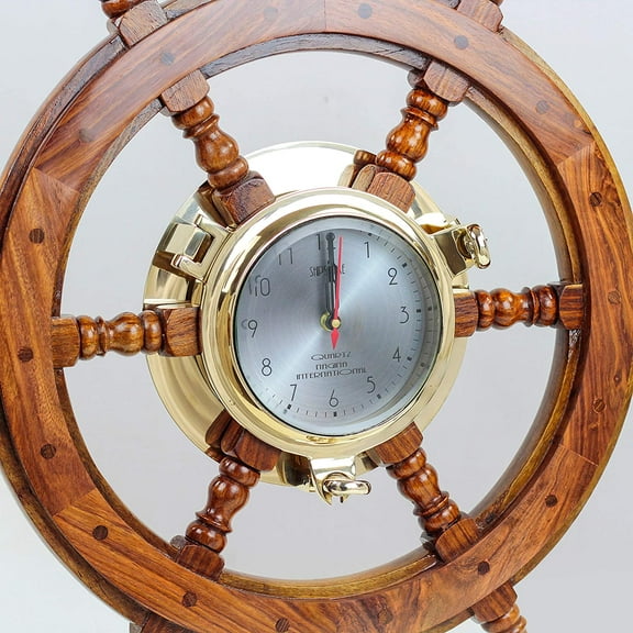Nagina International 24" Premium Porthole Clock Ship Wheel with Solid Teak Finish - Captain Maritime Beach Home Decor Gift