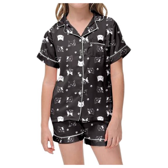 Outfits for Girls Halloween Lapel Short Sleeve Cartoon Print Pocket Top And Shorts 2 Piece Loungewear Girls' Clothing Sets 2 Years-3 Years