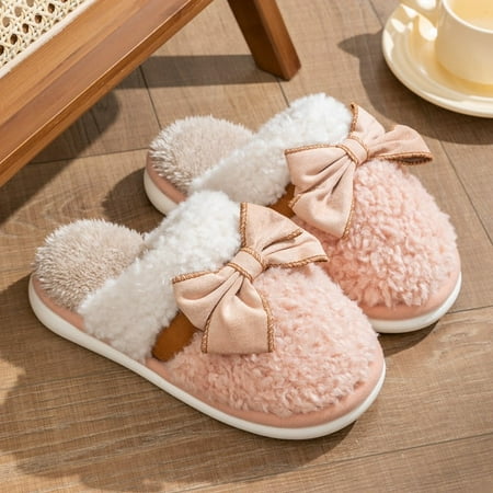 

Women Winter Fluffy Fur Slippers Women Cute Bow Flat Shoes Anti-slip Flip Flops Couples Home Indoor Slippers Warm Plush Slippers (Pink 36-37)