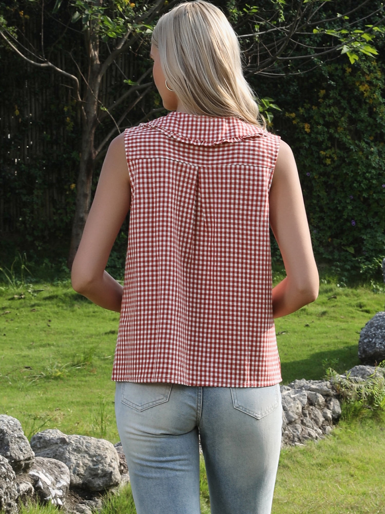 DARING DIVA Women's Gingham Sleeveless Tops Peter Pan Collar Ruffled Trim Blouse L Red