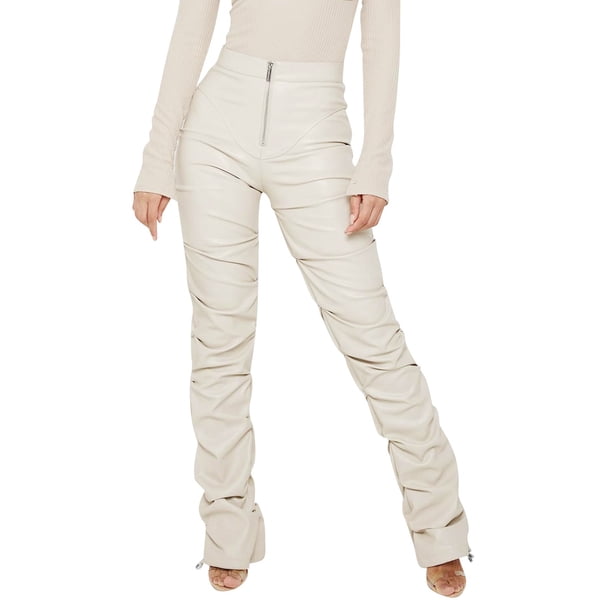 Gibobby pantalones de pana para mujer Pantalones fruncidos de sintética para mujer, mallas ajustadas de cintura de cuero PU apiladas, medias para fiesta y chica, ropa de calle (Blanco, S)
