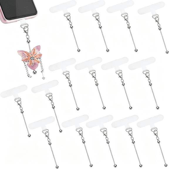 DESIGNICE 15 Pack Beadable Phone Charms with Blank Bar Smartphone Tether Tap Universal Lanyard Patch Accessories for Cell Mobile Phone, Diy Phone Charm Kit