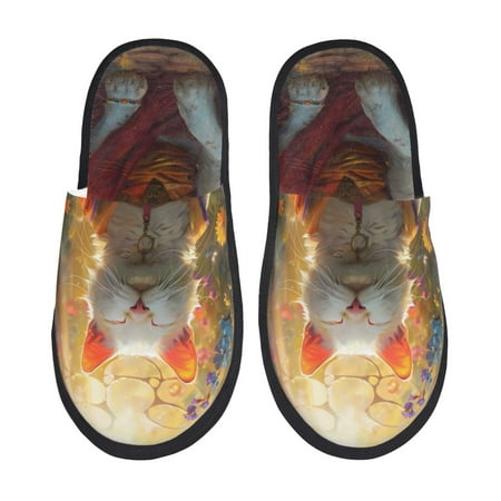 Balery Sunshine Flower Meditating Cat Slient Indoor Furry Fleece Comfort House Shoes Soft Non-Slip Home Shoes Cotton slippers House Slippers-- Large