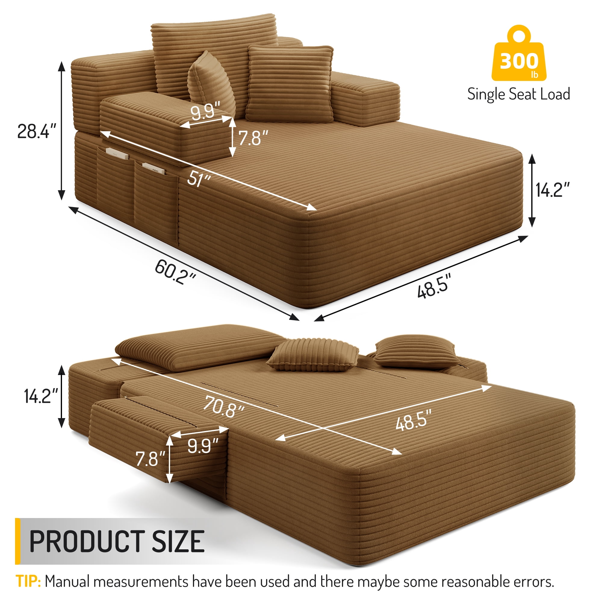Anpport 60.2" Plush Corduroy Chaise Lounge, Frameless Convertible Sleeper Sofa Bed with Storage Pockets, 3 Soft Pillows, No Assembly, Camel