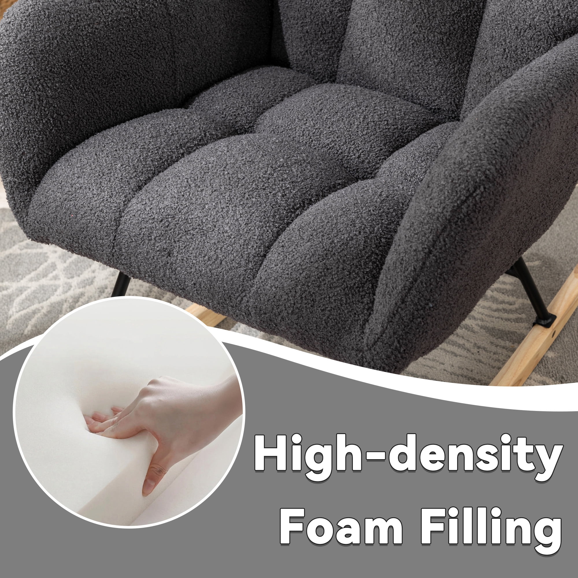 Teddy Fabric Wingback Glider Rocker with Side Storage Pocket, Soft Comfy Nursing Rocking Chair, Sturdy Safe Solid Wood Base, Multiuse Accent Chair for Nursery & Living Room,Grey